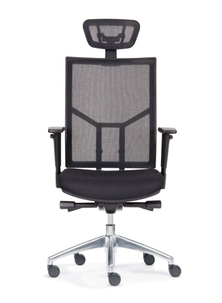 SITWELL Bürostuhl ergonomisch Schwarz mit Netzrücken: Atmungsaktiver Schreibtischstuhl mit Kopfstütze, Armlehnen und verchromtem Fußkreuz für ein gesundes Arbeiten im Büro.