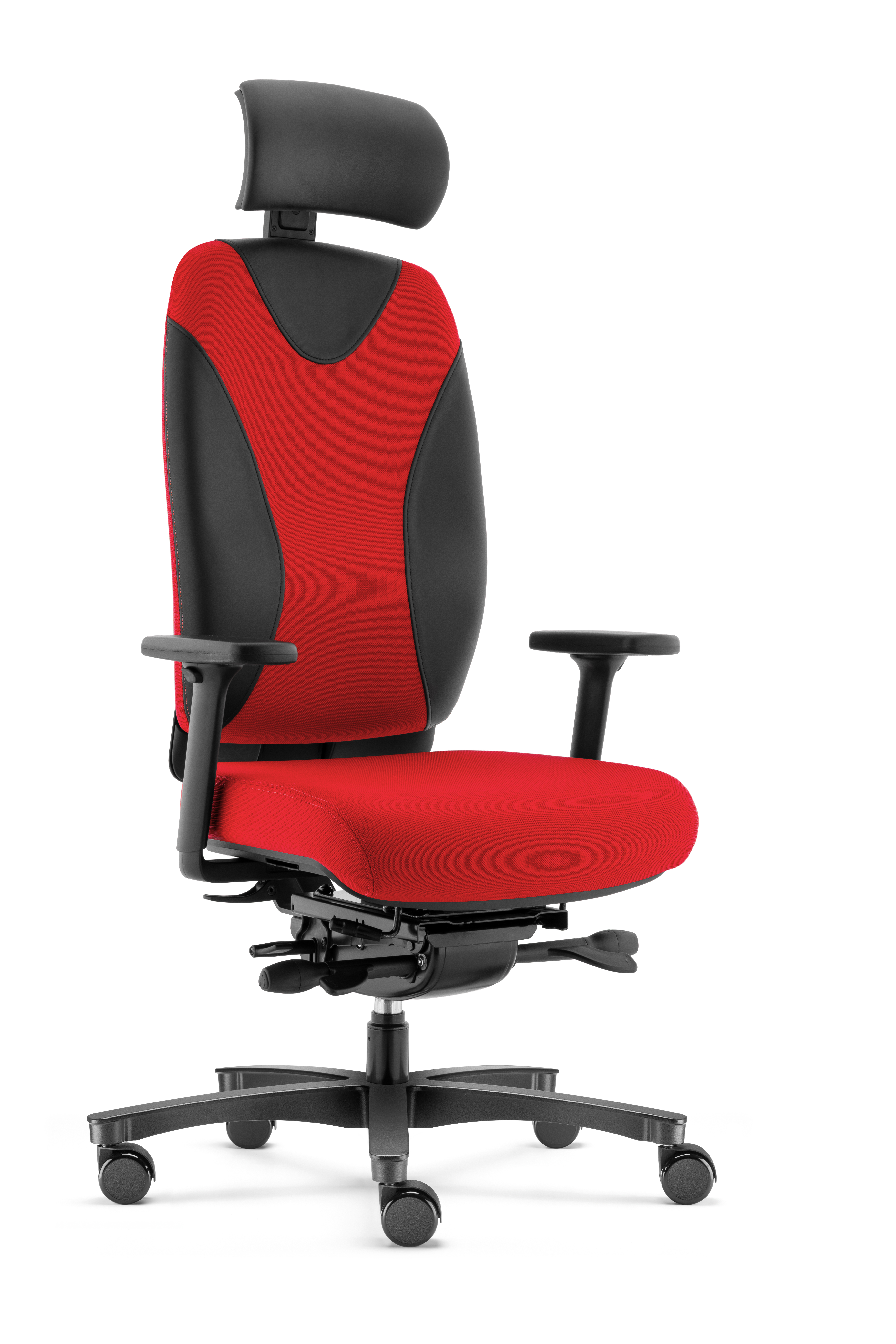 SITWELL Bürostuhl ergonomisch Rot-Schwarz: Hochwertiger Schreibtischstuhl mit Kopfstütze, Armlehnen und integrierter Lordosenstütze für gesundes Sitzen und optimale Rückenentlastung.