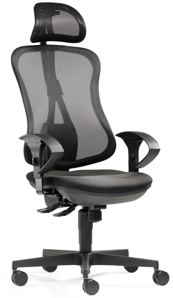 SITWELL Bürostuhl Schwarz: Ergonomischer Netz-Drehstuhl mit Kopfstütze und Armlehnen für atmungsaktives Sitzen.