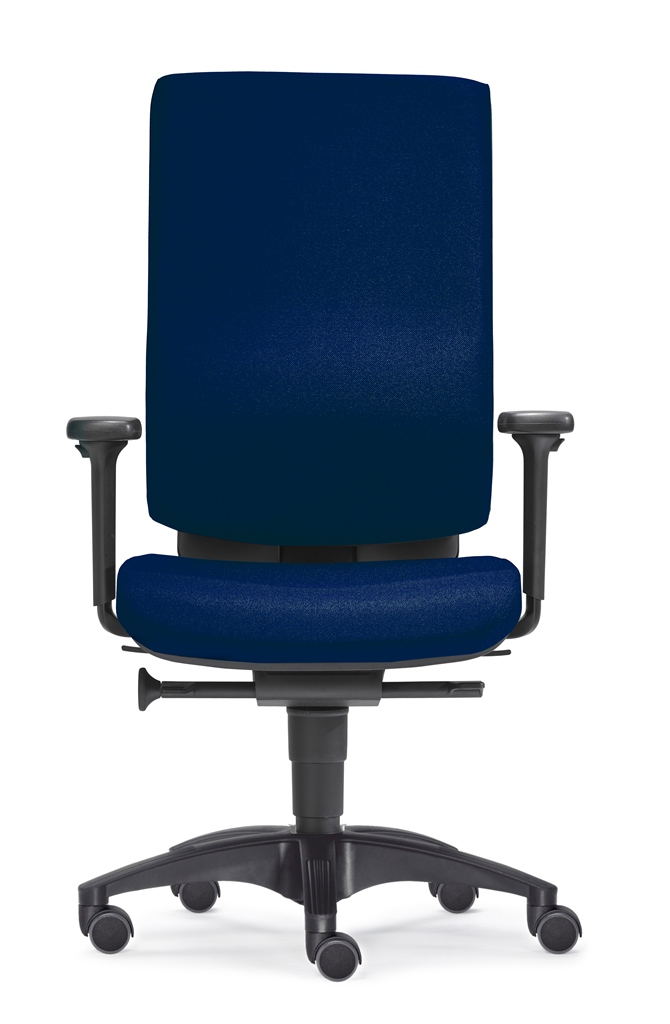SITWELL Bürostuhl ergonomisch Dunkelblau: Professioneller Schreibtischstuhl mit hoher Rückenlehne, Armlehnen und schwarzem Fußkreuz für rückengerechtes Arbeiten.