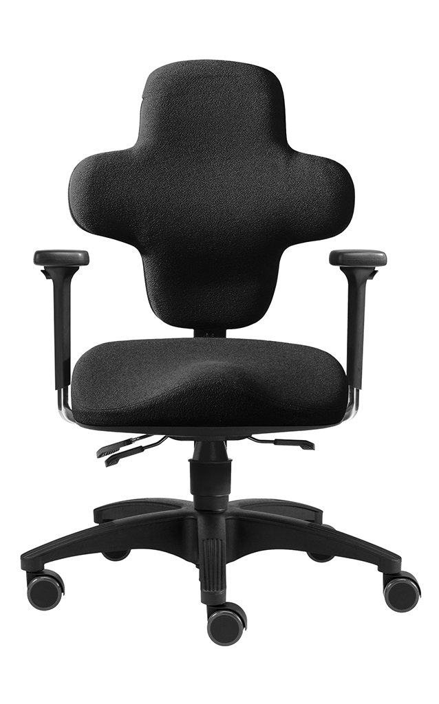 Schwarzer SITWELL Bürostuhl mit ergonomischem Sattelsitz, kreuzförmiger Rückenlehne und schwarzem Fußkreuz auf weißem Hintergrund.