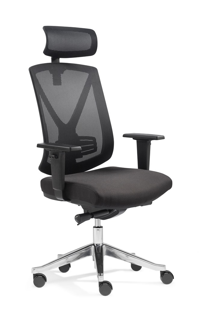 SITWELL Bürostuhl ergonomisch Schwarz mit Netzrücken: Moderner Schreibtischstuhl mit verstellbarer Kopfstütze, Armlehnen und glänzendem Fußkreuz für atmungsaktiven Komfort und gesundes Arbeiten.