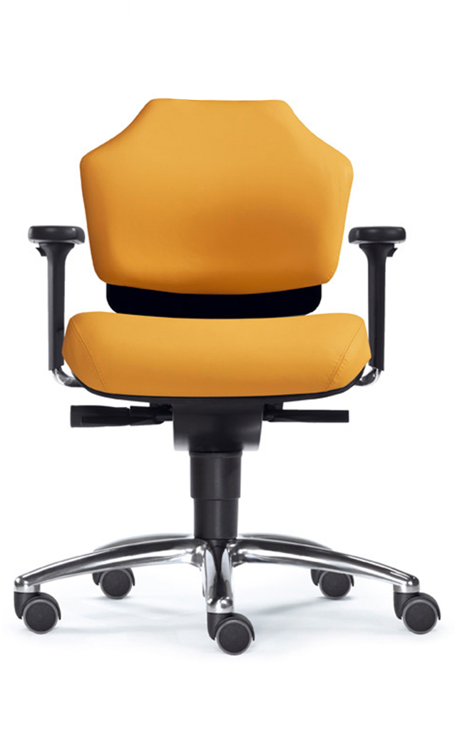SITWELL Bürostuhl ergonomisch Gelb-Orange: Schreibtischstuhl mit Armlehnen und verchromtem Fußkreuz für dynamisches Sitzen und gesundes Arbeiten im Büro.