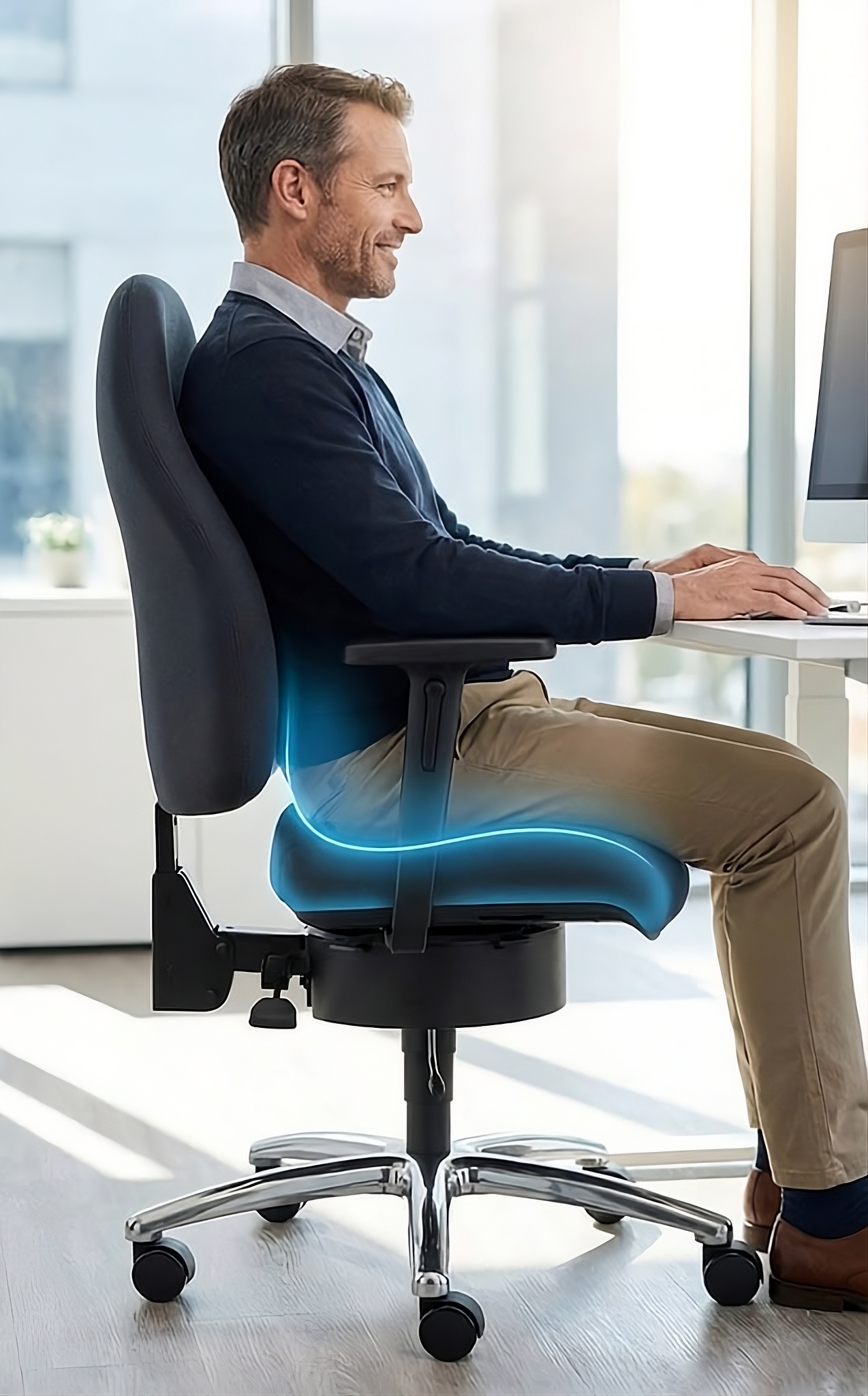 SITWELL Bürostuhl ergonomisch: Mann sitzt gesund am Schreibtisch mit Visualisierung der aktiven Beckenunterstützung und Lordosenstütze für schmerzfreies Arbeiten.