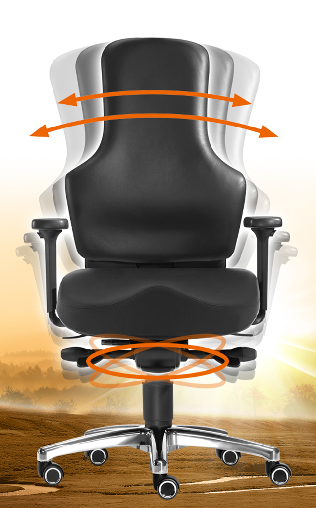 SITWELL Bürostuhl ergonomisch Schwarz: Darstellung der 3D-Beweglichkeit von Rückenlehne und Sitzfläche für dynamisches, rückenschonendes Sitzen.